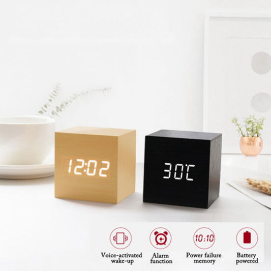 New Digital Alarm Clock Wooden LED Temperature Electronic Voice Control Table Clocks Control Snooze Function Desktop Table Deco
