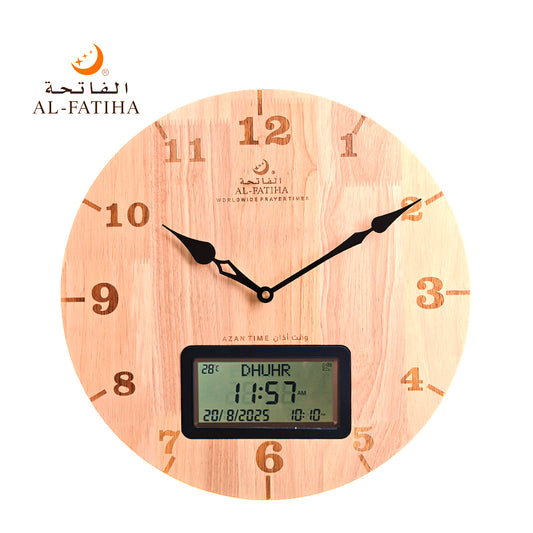 38CM Round Silent Movement Pray Time Athan Sound Remind Dual Calendar Multi-anguages Large LCD Wall Clock Solid Wood Azan Clock