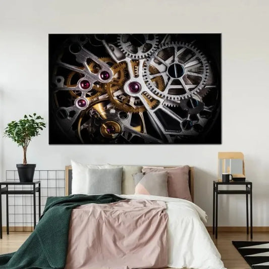 Gold Printed Automatic Watch Mechanism Frameless Canvas Wall Art, Modern Canvas Poster, Gear Wall Decor, Large Wall Decor