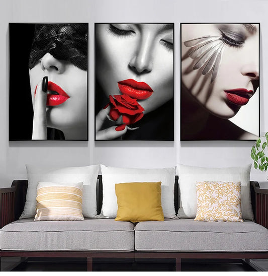 Red Lips Smoking Woman Watch Canvas Painting Burning Dollars Money Posters and Print Wall Art Picture for Living Room Home Decor