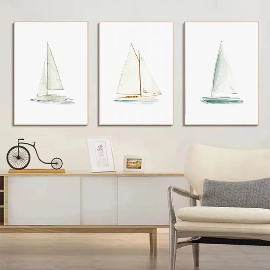 Minimalist Sailboat Nautical Coastal Beach Seascape Poster Canvas Painting Wall Art Pictures for Nursery Living Room Home Decor