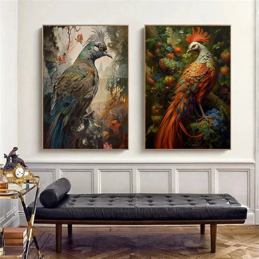 The Parrot Crow and Birds on Floral Background Canvas Painting Wall Art Poster Prints For Living Room Animal Home Decoration