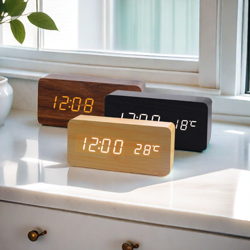 Digital Wooden Alarm Clock LED Temperature Silent Night Light Retro Style for Office Bedroom Living Room Decor