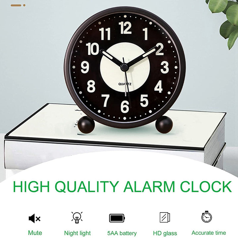 ABXF-Alarm Clock Luminous 4 Inchround Silent Analog Table Clock Non-Ticking,Battery Operated With Loud Alarm For Bedroom