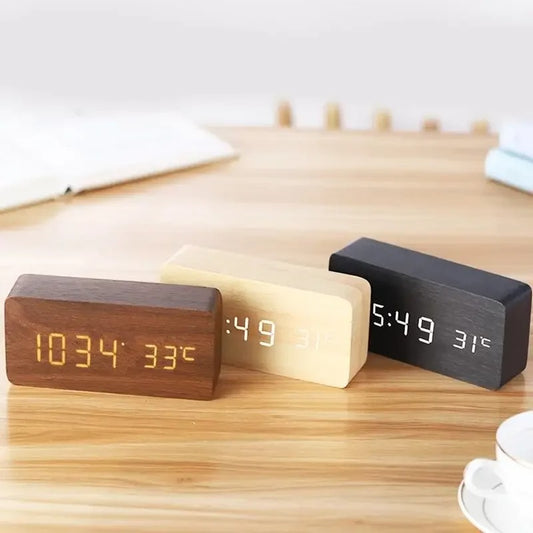 Digital Wooden Alarm Clock LED Temperature Silent Night Light Retro Style for Office Bedroom Living Room Decor