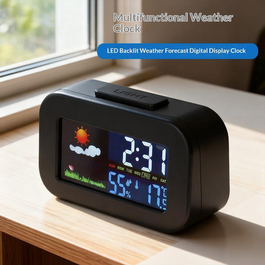 Intelligent Weather Station Clock With Color Display - Temp & Humidity Monitor Backlit For Kids & Teens Bedroom/Dorm Desk