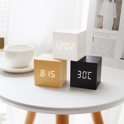 New Digital Alarm Clock Wooden LED Temperature Electronic Voice Control Table Clocks Control Snooze Function Desktop Table Deco