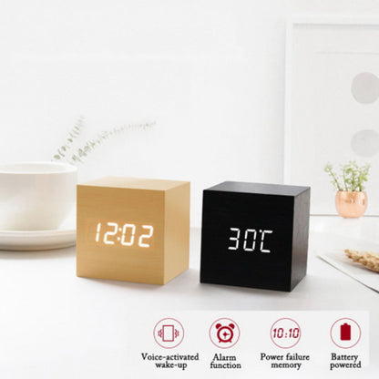 New Digital Alarm Clock Wooden LED Temperature Electronic Voice Control Table Clocks Control Snooze Function Desktop Table Deco