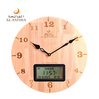 38CM Round Silent Movement Pray Time Athan Sound Remind Dual Calendar Multi-anguages Large LCD Wall Clock Solid Wood Azan Clock