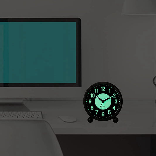 ABXF-Alarm Clock Luminous 4 Inchround Silent Analog Table Clock Non-Ticking,Battery Operated With Loud Alarm For Bedroom