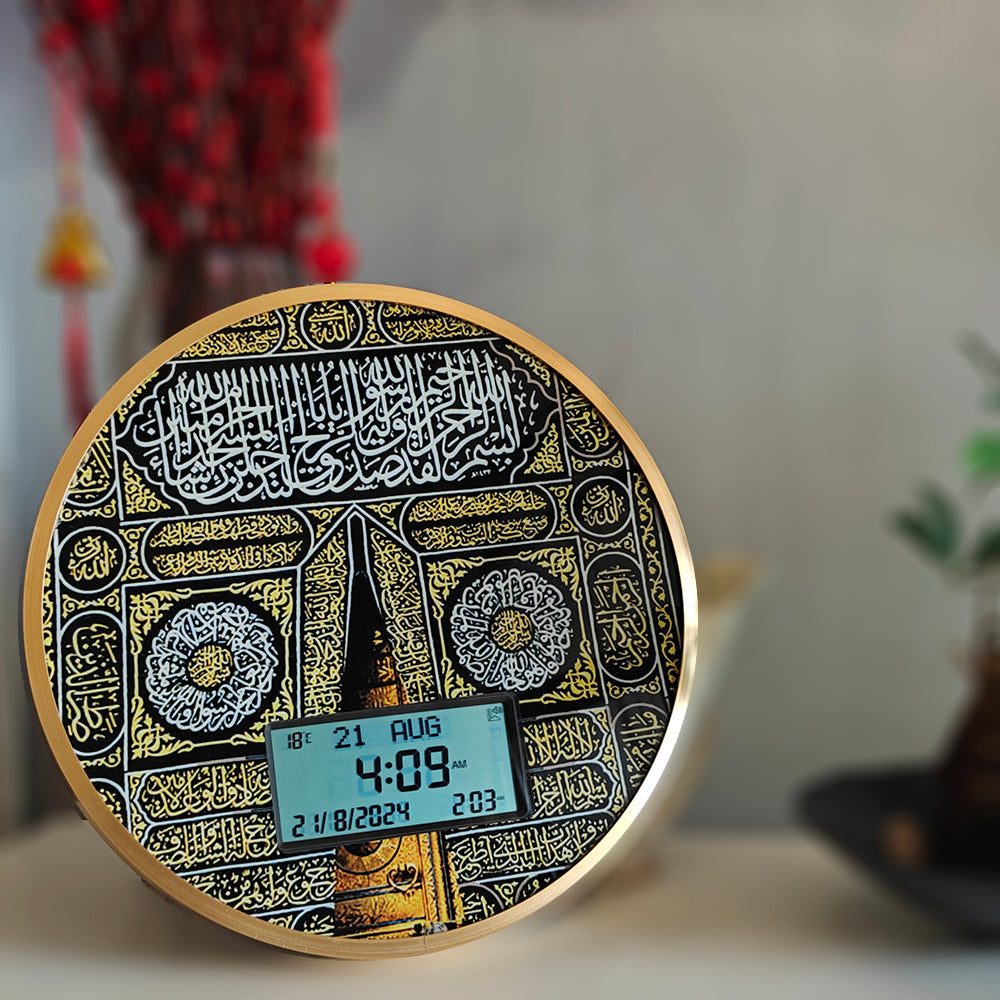 35CM Aluminum Alloy Frame Pray Time Athan Sound Remind Dual Calendar Multi-anguages LCD Wall Clock with Table Holder Azan Clock