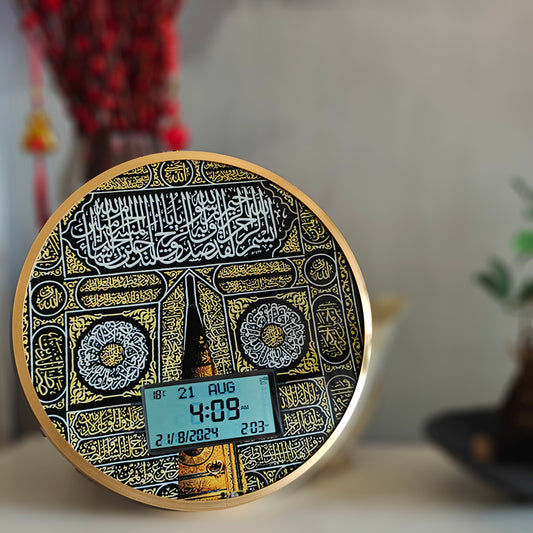 35CM Aluminum Alloy Frame Pray Time Athan Sound Remind Dual Calendar Multi-anguages LCD Wall Clock with Table Holder Azan Clock