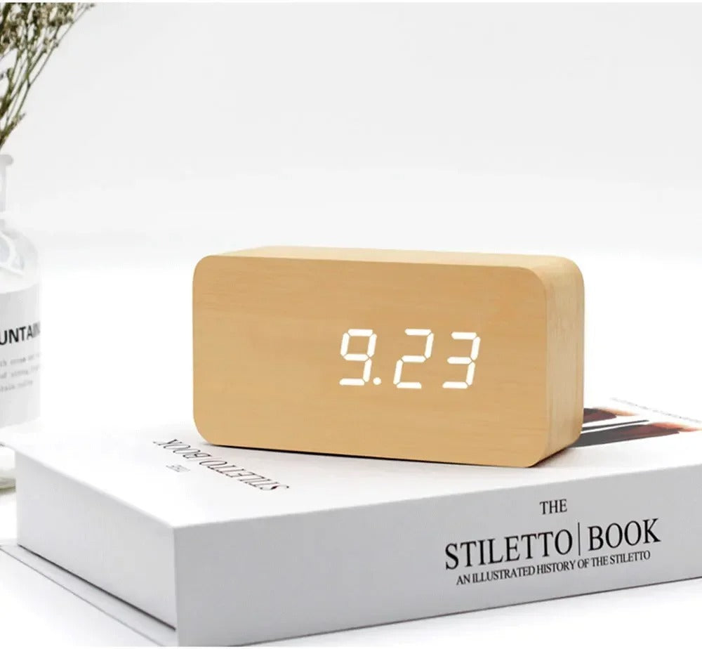 Digital Wooden Alarm Clock LED Temperature Silent Night Light Retro Style for Office Bedroom Living Room Decor