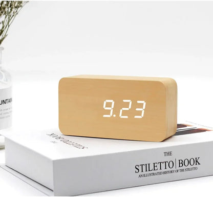 Digital Wooden Alarm Clock LED Temperature Silent Night Light Retro Style for Office Bedroom Living Room Decor