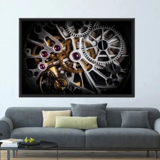 Gold Printed Automatic Watch Mechanism Frameless Canvas Wall Art, Modern Canvas Poster, Gear Wall Decor, Large Wall Decor
