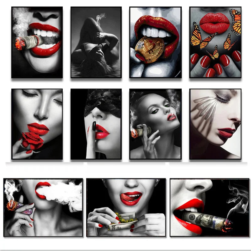 Red Lips Smoking Woman Watch Canvas Painting Burning Dollars Money Posters and Print Wall Art Picture for Living Room Home Decor
