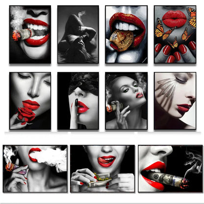 Red Lips Smoking Woman Watch Canvas Painting Burning Dollars Money Posters and Print Wall Art Picture for Living Room Home Decor