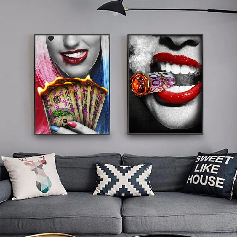 Red Lips Smoking Woman Watch Canvas Painting Burning Dollars Money Posters and Print Wall Art Picture for Living Room Home Decor