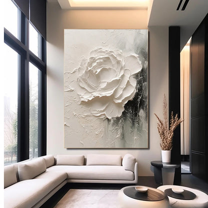 3D Textured Effect Painting, Large Abstract White Flower Poster, Minimalist Wall Art Canvas Print, Living Room Home Decor Cuadro