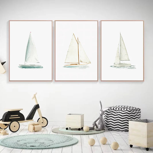 Minimalist Sailboat Nautical Coastal Beach Seascape Poster Canvas Painting Wall Art Pictures for Nursery Living Room Home Decor