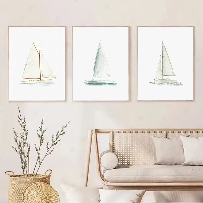 Minimalist Sailboat Nautical Coastal Beach Seascape Poster Canvas Painting Wall Art Pictures for Nursery Living Room Home Decor