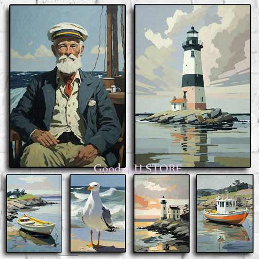 Vintage Ship Captain Seagull Fishing Boat Lighthouse Seascape Nautical Poster Canvas Painting Wall Art Picture Home Decor