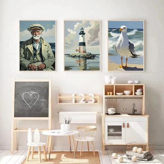 Vintage Ship Captain Seagull Fishing Boat Lighthouse Seascape Nautical Poster Canvas Painting Wall Art Picture Home Decor