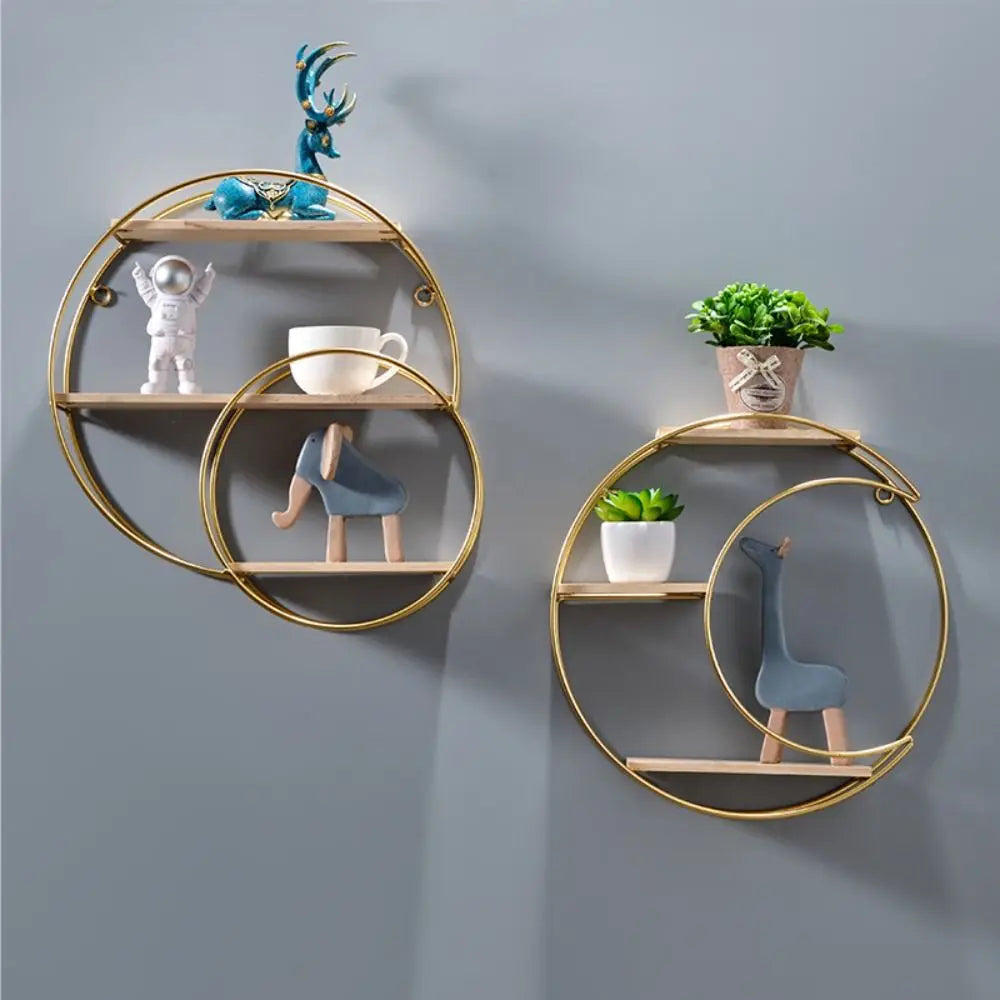 Modern Iron Decorative Wall Shelf Gold No Punching Wall Storage Rack Nordic Style Space Saving Wall Decoration Living Room