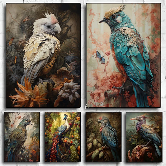 The Parrot Crow and Birds on Floral Background Canvas Painting Wall Art Poster Prints For Living Room Animal Home Decoration