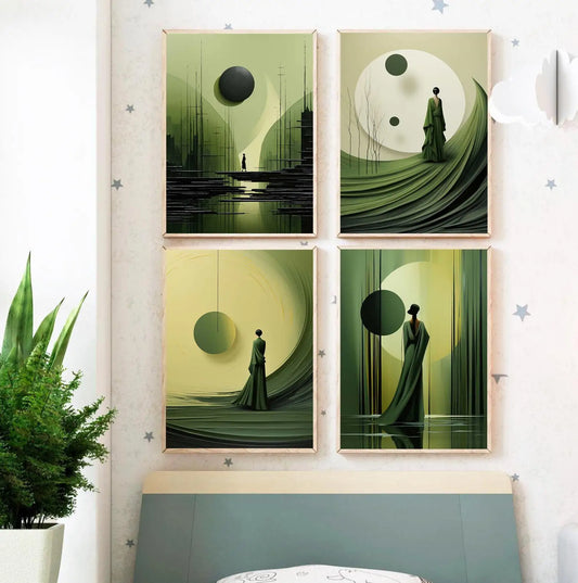 Modern Olive Green Abstract Female Portrait Green Minimalist Artwork Poster Canvas Paintings Wall Art Pictures Home Decor